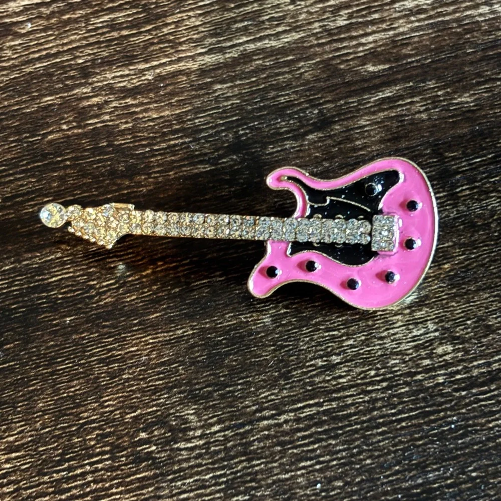 Pink Electric Guitar Brooch Rhinestone Enamel Rock Star Pin Gold Tone Accessory